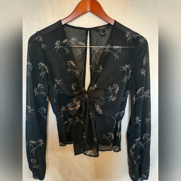 Forever 21 Semi Sheer Blouse Horse Print Long Sleeve Tie Front Open Back  Size S